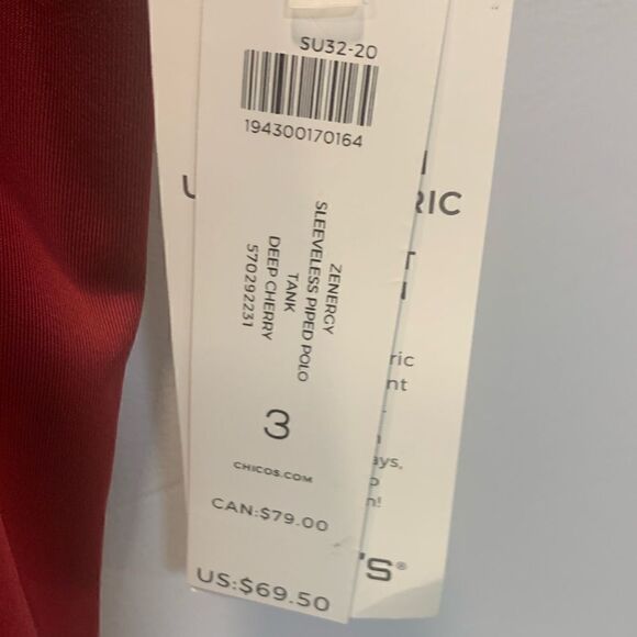 NWT Chicos zenergy sleeveless piped polo tank Deep Cherry 570292231 size… - Picture 8 of 12